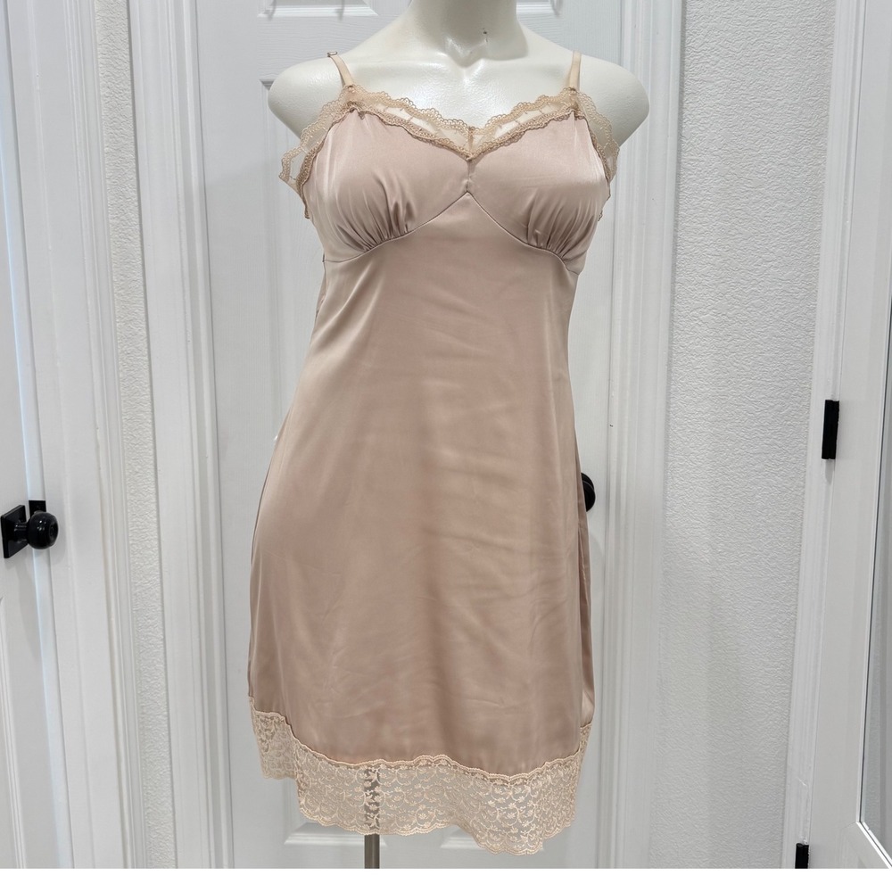 NWT Silky Sexy Slip Dress Chemise Blush Pink Nude Lace Satin Lingerie NightGown